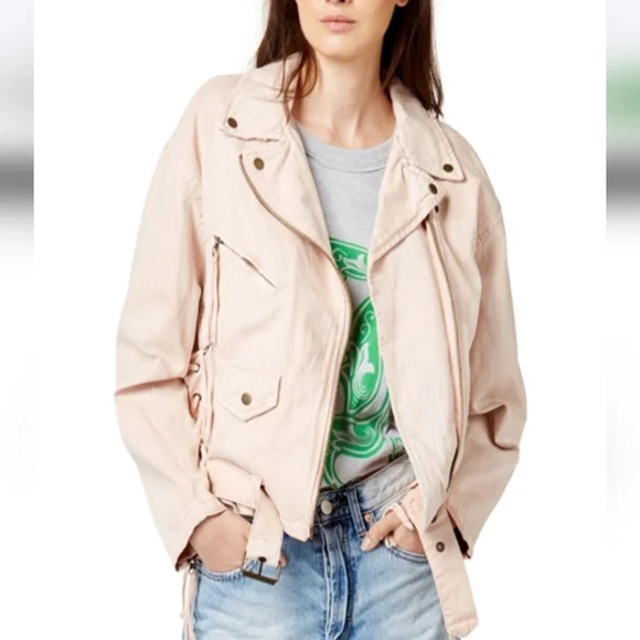Free People Lace Up Motorcycle Jacket size Small Color Rose Oversized - Picture 13 of 13